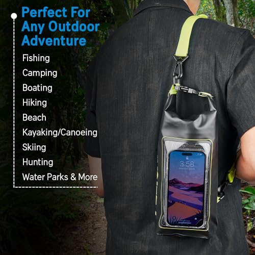 Pelican Marine IP68 Waterproof Dry Bag 2L w/Phone Pouch/Case - Black/Yellow | Roll Top Waterproof Backpack with Touchscreen Phone Pouch - Swimming, Kayaking, Camping, Rafting, Fishing & Travel Essentials - color: Black/Yellow - 2L, size: 2L