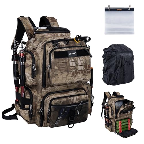 Goture Fishing Backpack,900D Water-Resistant Tackle Backpack with Rod Holders, SBS Zippers,45L Large Fishing Bag Storage Gear Tackle Bag with Rain Cover, Bottle Holder for Travel Camping Hiking - color: A1:18# Camo(Only Bag), size: Without Tackle Boxes
