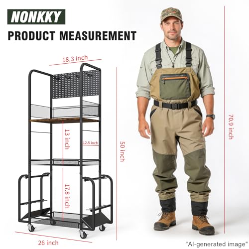 Fishing Rod Holders for Garage with Pegboard and Hooks, Fishing Pole Holders Up to 10 Rods, 3-Tier Anti-Drop Fishing Rod Storage Rack Cart with Lockable Wheels, Heavy-Duty Tackle Gear Organizer