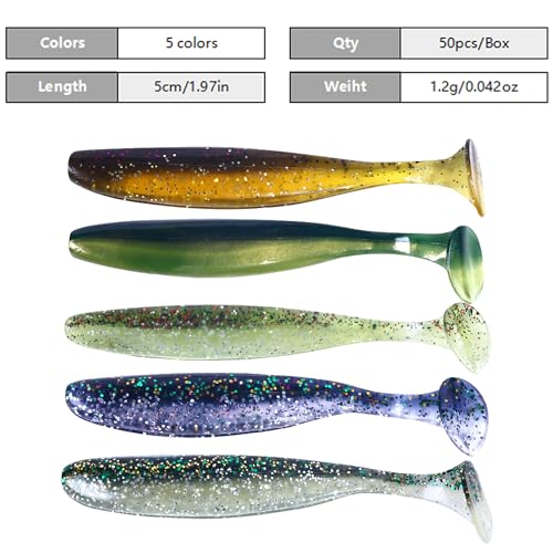 Fishing Soft Plastic Lures, Paddle Tail Swim Baits for Bass Fishing,Paddle Tail Swimbaits for for Bass Trout Walleye Lures, 30/50pcs Soft Plastic Baits with Box - color: A:1.97in/0.042oz-50pcs