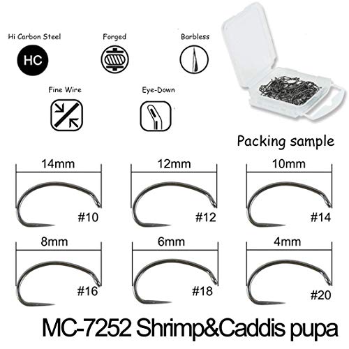 Maxcatch 100pcs Barbless Fly Fishing Hooks for Fly Tying Dry Nymph Wet Shrimp Jig Hook with Mini Box - color: Shrimp&Caddis Pupa Hook(Barbless), size: #14-100pcs