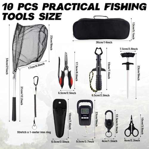 Hikary 10 Pcs Fishing Tool Kit,Folding Fishing Net Set with Storang Bag,Pliers with Lanyard and Protective Sheaths,Hook Remover,Fish Gripper,Fish Scale,Scissors for Fisherman Travel Gifts - color: Black