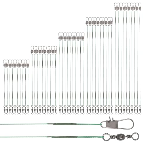 50 Pcs Fishing Leaders with Swivels, Steel Wire Fishing Leader | High-Strength Anti-Bite Wire Leader Line Kit for Saltwater Freshwater, Connects Lures, Hooks, Rigs (Green, 4/6/8/10/12 Inch) - color: Green