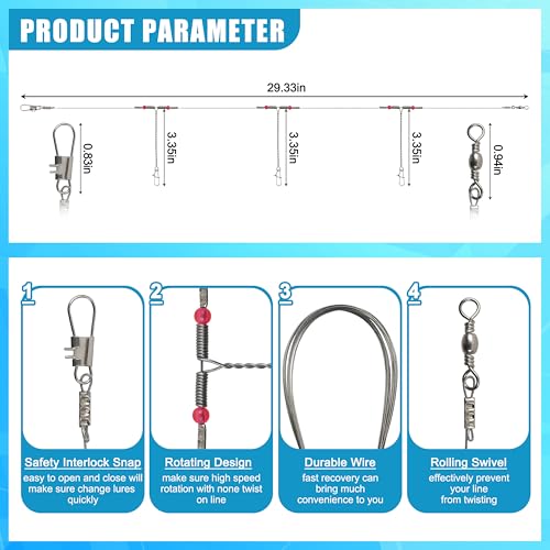 Fishing Leaders Saltwater Tackle Surf Fishing Rigs Bottom Hi-Low Rig High Strength Wire Leader Line with Swivel Snaps Beads Gear Equipment for Lures Bait Hooks - size: 3 arm,12packs