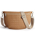 KALIDI Woven Crossbody Bags for Women Travel Vegan Leather Fanny Packs for Woman Cross Body Purse Fashion Belt Bum Bag with Wide Strap - color: Light Brown
