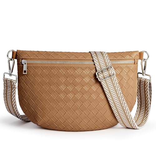 KALIDI Woven Crossbody Bags for Women Travel Vegan Leather Fanny Packs for Woman Cross Body Purse Fashion Belt Bum Bag with Wide Strap - color: Light Brown