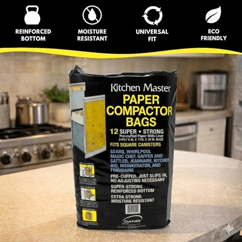 Kitchen Master Super Strong Compactor Bags (48 Pack) | Precuffed, Garbage Compactor Bags, Hardware for Kitchens, Paper Trash Bag, Kitchen Essential, Paper & Plastic Lined - size: 1 Count (Pack of 48)