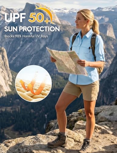 Haimont Women's UPF 50+ Long Sleeve Hiking Button Down Shirt | Quick-Dry, Mesh Back Vents, Roll-Up Tabs, Rod Holder, Lens Cloth, Camping & Travel - color: Light Blue, size: X-Small