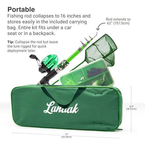 Lanaak Kids Fishing Pole, Kids Portable Telescopic Fishing Rod Set, Tackle Box and Fishing Net Combo Kit, Kids Fishing Gear for Boys and Girls Age 5-10 and Youth - color: Green, size: 1.5m or 4.9 FT