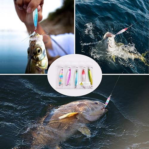 Hard Metal Jigs Fishing Spoon Lures, 5pcs Saltwater Jigging Spoons with Feather Treble Hook Fishing Jigs Casting Spoon for Freshwater Bass Striper Mackerel Halibut - size: 5pcs-40g(3/2oz)
