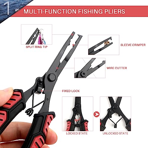 mouhike Fishing Pliers Fish Lip Gripper Fishing Tool Kit Muti-Function Saltwater Fishing Line Cutter Hook Remover with Sheath Lanyard, Fly Ice Fishing Gear Fishing Gifts for Men Women - color: Red & Black