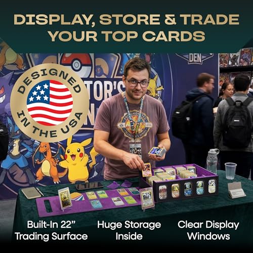 5-Row Mtg Trading Card Storage Box With Display Windows - Magnifier Ruler, 2 Display Stands, 7 Cardholders - 3000+ Card Case With Magnetic Closure, Sports TCG Card Organizer - Purple Card Boxes - color: Black, Purple (5 Row)
