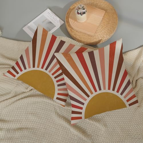 Summer Pillow Covers 16x16 Inch 2 Pcs Boho Red Brown Yellow Sunshine Outdoor Decor Throw Pillows Stripes Rainbow Sun Farmhouse Holiday Decoration Pillowcase Linen Cushion Cover for Couch Sofa - color: Boho Sun 02, size: 16" x 16" (Pack of 2)