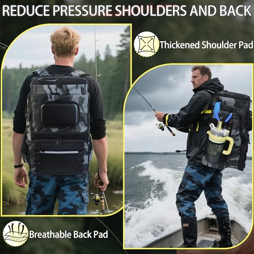 Fishing Backpack with Rod Holder, Large 50L Tackle Bag Water Resistant Tackle Backpack Heavy Duty Fishing Bag Gift for Men Woman - color: Camo Gray with 4 Tackle Boxes and 98 Fishing Tools