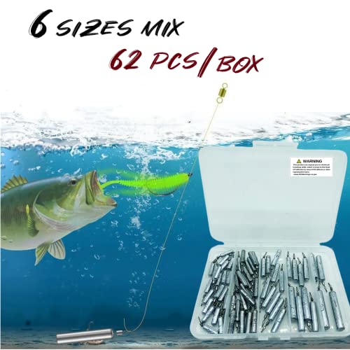62Pcs/Box Lead Drop Shot Weights Kit (3/4oz, 1/2oz,1/4oz.3/8oz,1/5oz.1/8oz Mixed), Pencil Shaped Drop Shot Rig, No Snag Skinny Lead Sinker, Fishing Bass Rig Cylinder Saltwater Freshwater