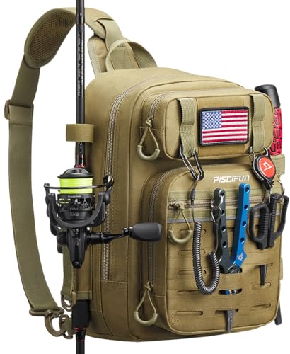 Piscifun Fishing Backpack Tackle Bag with 2 Rod Holders, Multi-Compartment Storage, MOLLE System, Water-Resistant Lightweight Outdoor Pack - color: Single Shoulder - Khaki, style: Standard