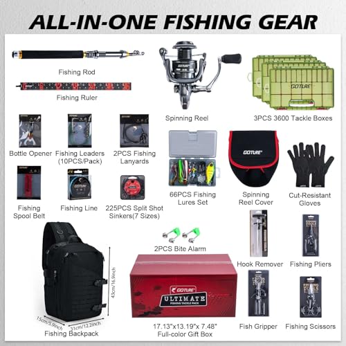 Goture Fishing Kits for Adult,Fishing Pole and Reel Combo, OpenSide Fishing Sling Tackle Storage Bag with 3 Tackle Boxes,Gift for Men - color: Black 20L Bag + 3600 Trays +Basic Bait Set(Gift Boxed), size: 6FT/1.8M