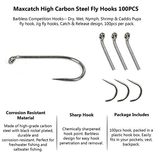 Maxcatch 100pcs Barbless Fly Fishing Hooks for Fly Tying Dry Nymph Wet Shrimp Jig Hook with Mini Box - color: Shrimp&Caddis Pupa Hook(Barbless) 7251, size: #18-100pcs