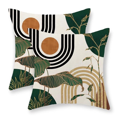 Boho Green Pillow Covers 18x18 Set of 2 Green Gold Leaf Tropical Mid Century Throw Pillows Outdoor Bohemian Modern Decorative Pillowcase Farmhouse Linen Cushion Case for Couch Sofa Decor - color: Mid Century-green, size: 18" x 18" (Pack of 2)