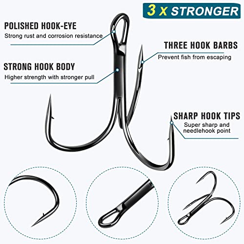 Fishing Red Treble Hooks- 80/120pcs Sharp Round Bend Barbed Treble Hook High-Carbon Steel Triple Hooks for Bass Trout Saltwater Freshwater Size 1/0 1 2 4 6 8 10 12 14 - color: BLACK, size: 120PCS-12#