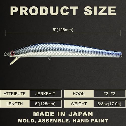 Lucky Craft FlashMinnow 125 YAWARA Saltwater Fishing Lure, Jerkbait for Halibut and Sea Bass, Long Casting Fishing Gear, Slow Sinking 5in 0.7oz, Tackle Box and Fish Accessories - color: 7635 KL Zebra Purple Anchovy, size: 125FW, style: With Scale