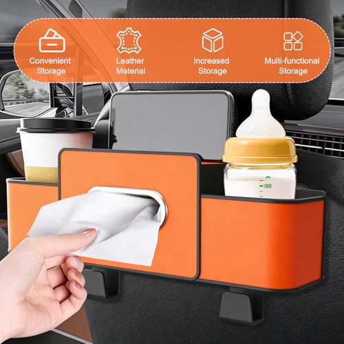 4-in-1 Back Seat Car Organizer, Multifunctional Hanging Back Seat Storage Box, Partition Design with Phone Holder Tissue Box Cup Holders Hooks, Universal for Most Cars SUVs Trucks (Orange) - color: Orange