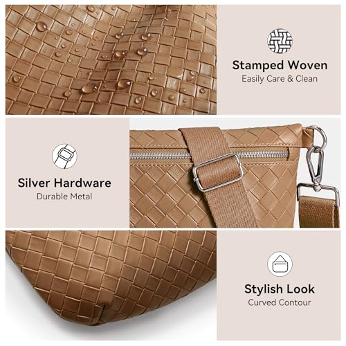 KALIDI Woven Crossbody Bags for Women Travel Vegan Leather Fanny Packs for Woman Cross Body Purse Fashion Belt Bum Bag with Wide Strap - color: Dark Brown