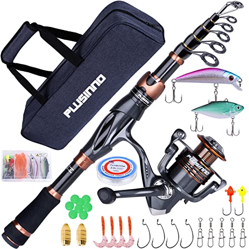 PLUSINNO Fishing Rod and Reel Combos, Bronze Warrior Toray IM6 Carbon Matrix Telescopic Fishing Rod Pole, 12 +1 Shielded Bearings Stainless Steel BB Spinning Reel, Travel Freshwater Fishing Gear - color: Full Kit with Carrier Case, size: 1.98M / 6.49FT