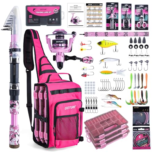 Goture OpenSide Tactical Sling Tackle Bag with Pink Fishing Rod and 3 Tackle Trays, 8FT Fishing Rod and Reel Combo, Lightweight Fishing Backpack Storge Fishing Gear Gift for women - color: Pink, size: Small bag with 3600 trays, style: Full Fishing Kit(inc