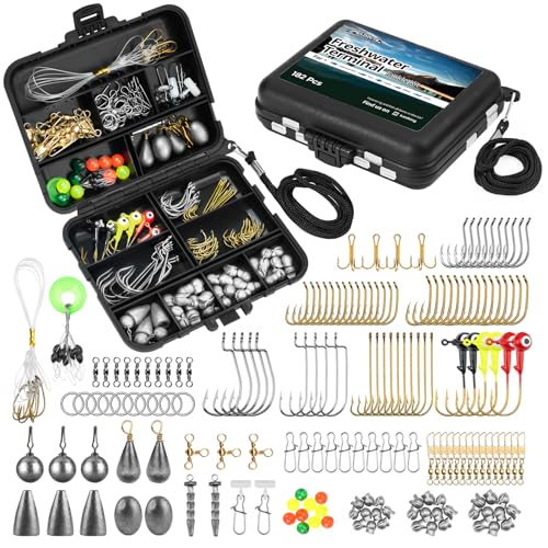 MadBite by KastKing 182/265/400pcs Compact Fishing Tackle Kit - All-in-One Freshwater Hooks, Weights, Bobbers in Tackle Box, Fishing Gear Set for Bass Trout Panfish - style: 182pcs Terminal Tackle Kit