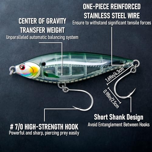 Alwonder High Speed Trolling Lures Saltwater Fishing Lures 6"/3oz Sinking Twitch Bait 7/0 Hook Deep Diving Jerkbait Fishing Plug Offshore Lure for Tuna Striper Mackerel - color: Chrome Dorado
