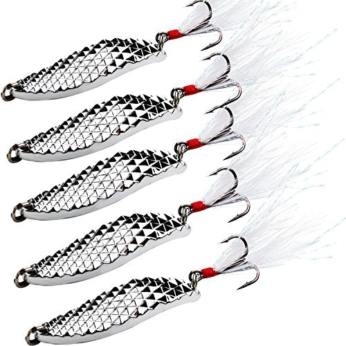 Sougayilang Fishing Spoons Hard Fishing Lures Treble Hooks Salmon Bass Metal Fishing Lure Baits 1/2 OZ - color: SILVER 5pcs