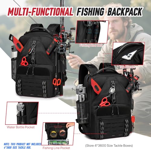 Fishing Tackle Backpack,Tackle Bags with 2 Rod Holders,Water-Resistant Tackle Bag Storage Bag for Fishing Gear(Black) - color: A-Black(Without tackle box)