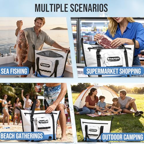 THKFISH Insulated Fish Cooler Bag, 25x17.5in Portable Soft Cooler Bag for Caught Fish, Travel, Beach, Camping, Picnic, Lunch, Fishing, 24HR Cold Retention(White-Blue) - color: White-blue-25x17.5x8.6"