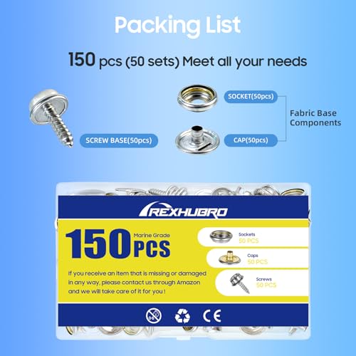 Canvas Snap Kit, Stainless Steel Snaps Marine Grade Snaps for Boat Cover - Snap Kit for Boat Cover 3/8" Socket Metal Snaps Fasteners for Clothing Leather Fabric Canvas150 PCS - style: Silvery1