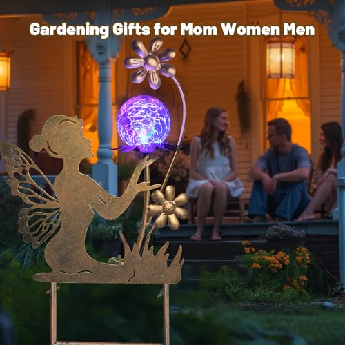 HONGLAND Solar Lights Fairy Garden Decor for Outside,Fairy Figurine Decorative Stake Housewarming Gifts for Patio Lawn Yard Pathway Outdoor Decor-Unique Valentines Day Gifts for Women Mom Grandma - color: Gold Fairy