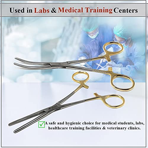 Rochester Carmalt Hemostatic Forceps Straight + Curved with Cross Serrated Jaws and Longitudinal Grooves - Premium Stainless Steel - Self Locking Artery Hemostats 6.25 Inch- Gold Handle Set of 2