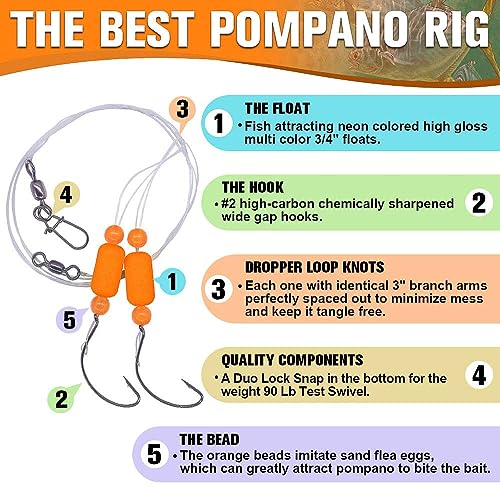 Pompano-Rigs-for-Surf-Fishing-Saltwater-Gear with Double Circle & Wide Gap Hook-6-Pack Surf Fishing Tackle - color: Neon Orange 6-Pack, size: #2 Wide Gap Hook