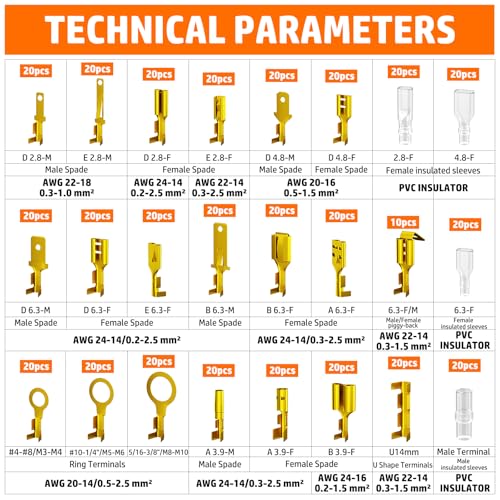 PEBA Open Barrel Crimping Tool Kit - 20 Sizes Spade Connectors Open Terminals & AWG 24-14 Ratcheting Wire Crimper, 2.8/3.9/4.8/6.3mm Non-Insulated Copper Terminals for Car Audio Speaker, Auto Wiring