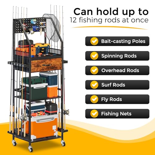 Fishing Rod Holder Organizer with Fabric Drawer & Pegboard, Space-Saving Garage Storage for 12 Rods, Reels, Tackle Boxes, Portable Fishing Gear Cart for Easy Access & Mobility