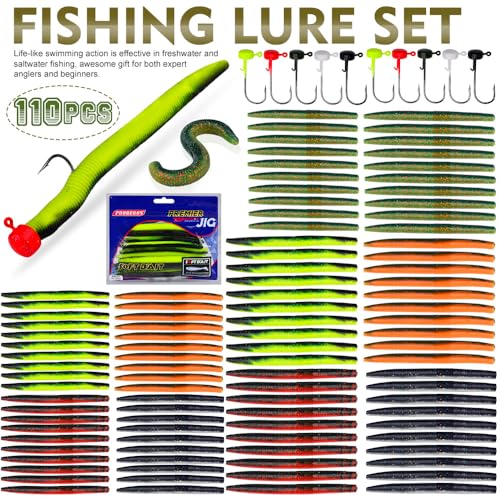 Soft Plastic Worm Bass Fishing Lures, 4"/5" 50/100pcs Plastic Fishing Lure Wacky Worm Rig + 10pcs Grub Baits Hook, Soft Worms Lure Set for Bass (110 Pack) - color: 059-110PCS-4/5 Inch