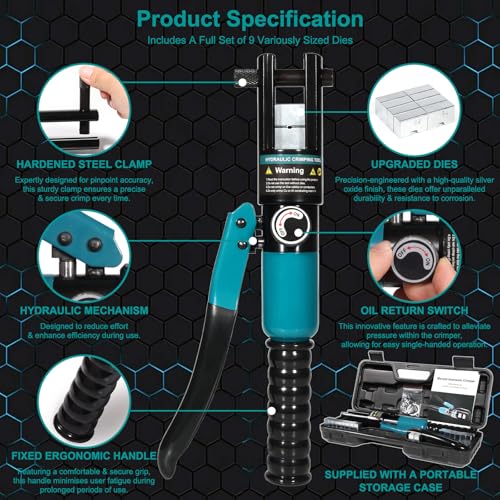 Brileine 10-Ton Hydraulic Crimping Tool with 9 Dies - Battery Cable Crimper Tool & Wire Rope Crimping Tool for 12 AWG to 2/0 AWG, 1/16" 1/8" 3/16" Stainless Steel Cable Railing Tool, Hydraulic Crimper