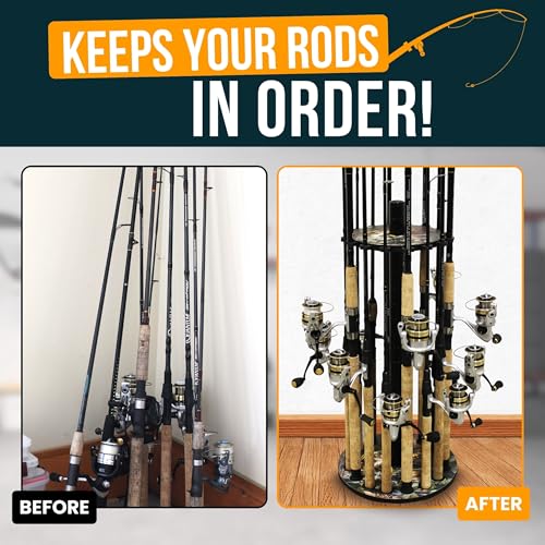 Rush Creek Creations 16-Rod Round Fishing Rod Holder for Garage, 360° Access Fishing Pole Holder for Rods, Reels, Gear, Accessories, and Tackle Box, Securely Holds 16 Rods, Bass - color: Bass