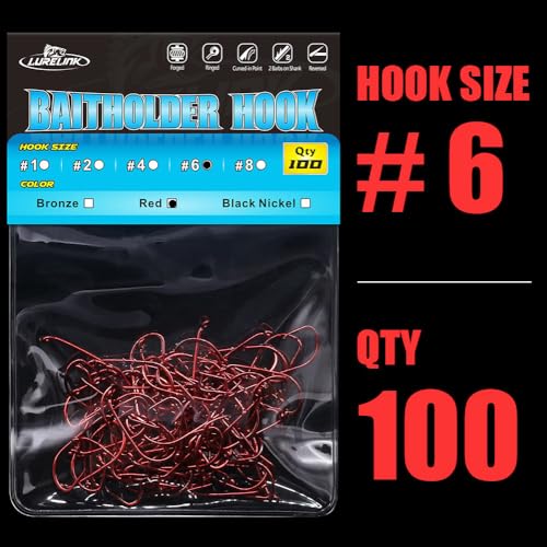 Baitholder Fishing Hooks 100 Pack - Double-Barbed Long Shank for Bluegill Bass Trout Walleye Black/Red, 8/0-#8 - color: 1-Red, size: Size:6 100-Pack
