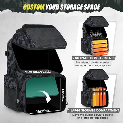 RAINSMORE 45L Fishing Backpack with Rod Holders & Rain Cover Large 900D Water-resistant Fishing Tackle Bag Store Fishing Gear - color: Black Blue Camouflage