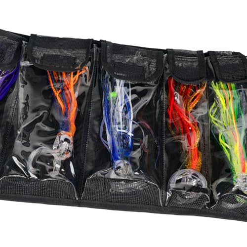 THKFISH Big Bait Bag, Roll-Up Large Trolling Lure Bag for Big Baits with 7 or 8 Heavy Duty PVC Protective Cover Pockets, Mesh Cleaning & Drying Tabs - size: Large