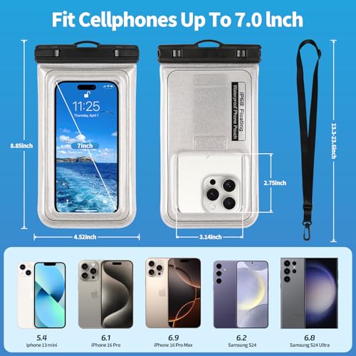 Floating Waterproof Phone Pouch, IPX68 Waterproof Phone Case with Lanyard for iPhone 17 16 15 Pro Max Samsung S26 S25 S24, Up to 7", Beach Vacation Essentials, Glitter Silver - color: Glitter Silver