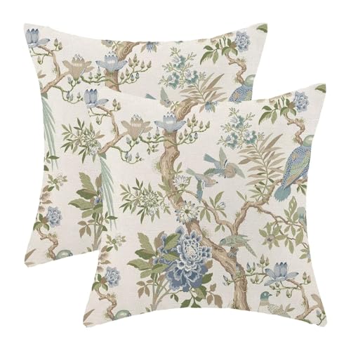Chinoiserie Pillow Covers 16 x 16 Set of 2, Spring Bird Floral Green Blue Throw Pillow Covers Farmhouse Flowers Pillowcase Home Decor for Couch Sofa Outdoor Bedroom - color: Chinoiserie-b, size: 16" x 16" (Pack of 1)