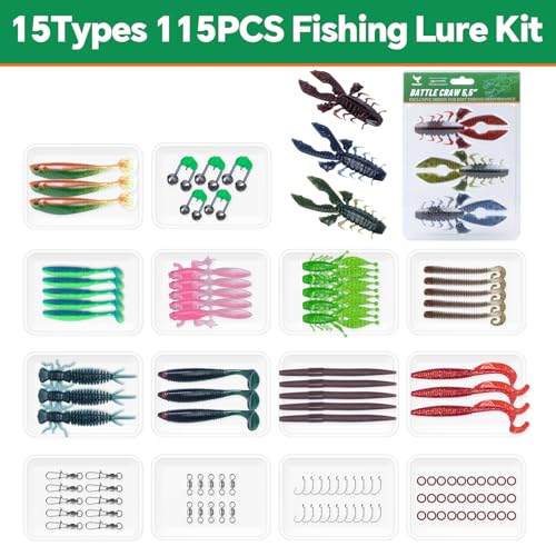 Clearance Bionics-Designed Durable Soft Plastic Fishing Lures Kit with Bonus Accessories, 3/4/5/6 Inch, 9-Type Lifelike Swimbaits in One Gear Set Included Tackle Box for Bass - color: Green box 15-type lures