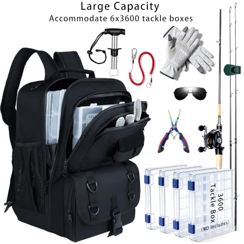 Fishing Backpack with Tackle Boxes,Fishing Sling Tackle Bag with Rod Holder Waterproof Fishing Bag with Fishing Gear, Fishing Gifts for Men Women Gear Combo Kit,Black - color: Black
